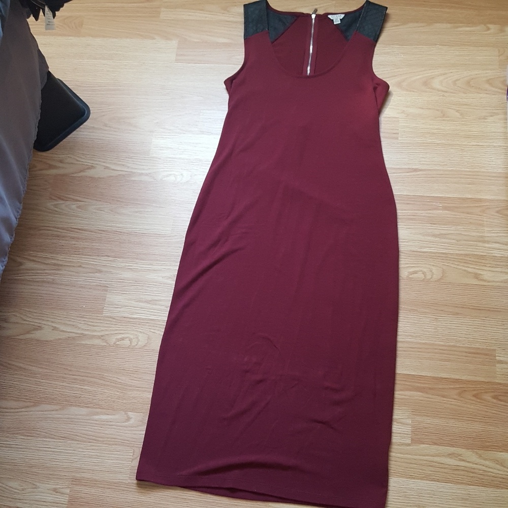 Maroon and black leather maxi dress from Guess
